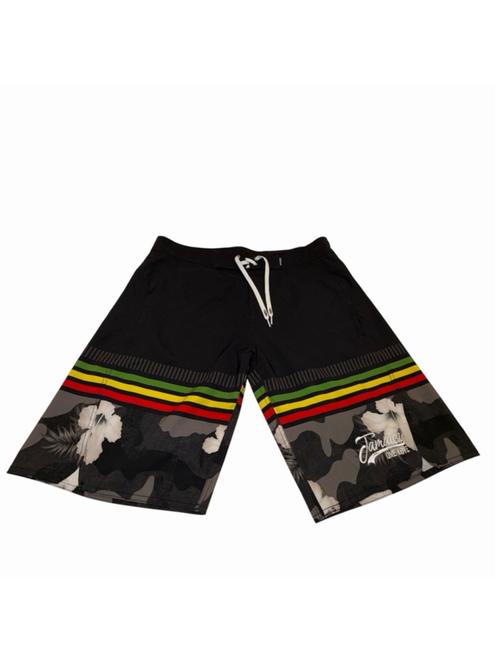 Palmwave Jamaica One Love Board Shorts Mens Sz38 Black Camo Hibiscus Swim Trunks